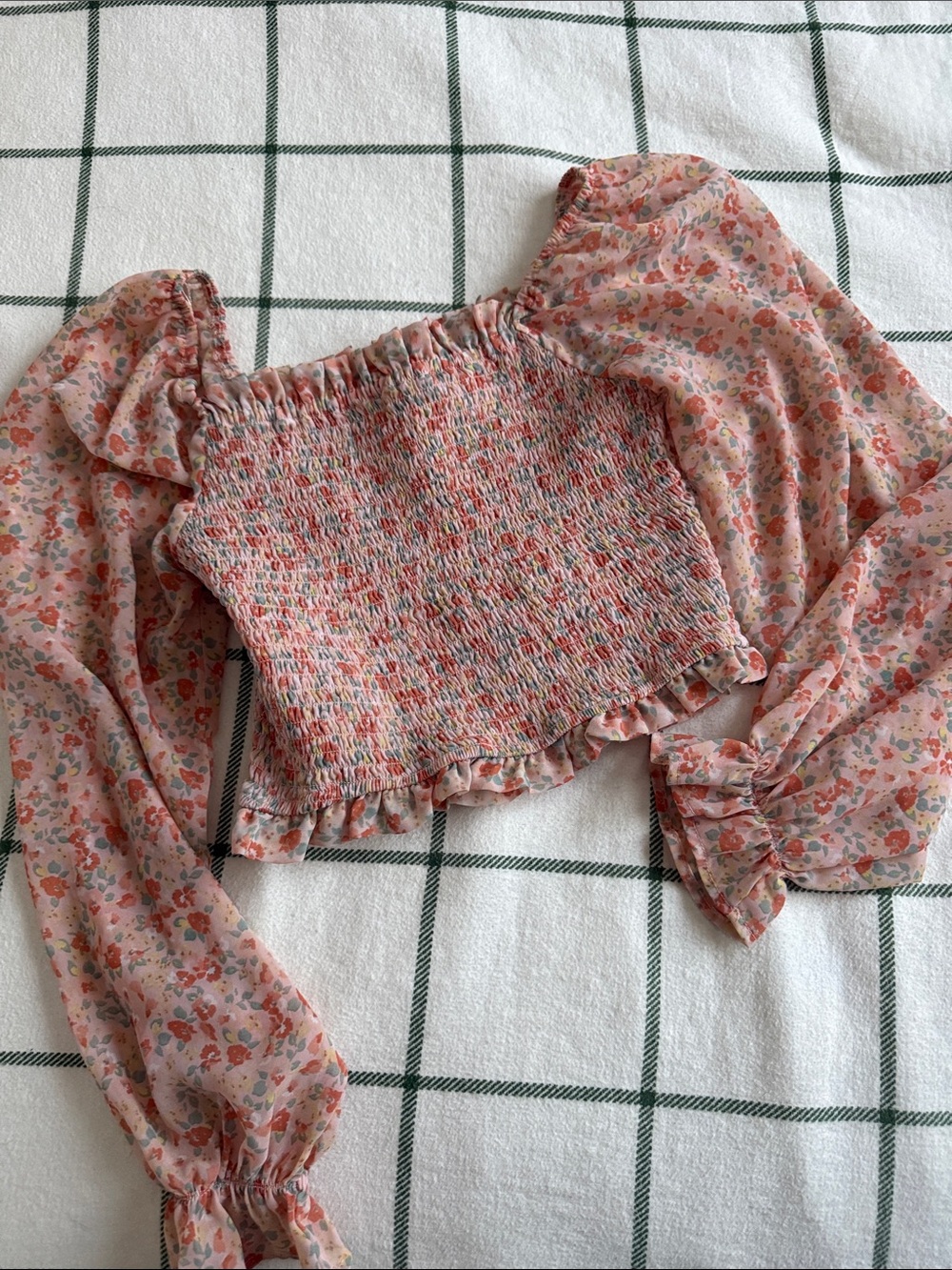 Japna Pink Floral Smocked Peasant Top with Sheer Puff Sleeves